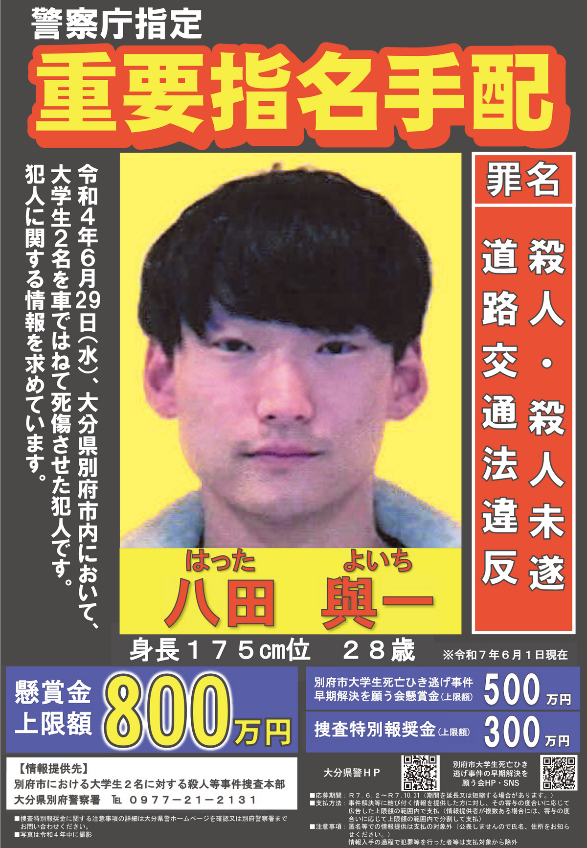 逃亡を続ける八田與一容疑者／別府ひき逃げ事件の最新動向と真相