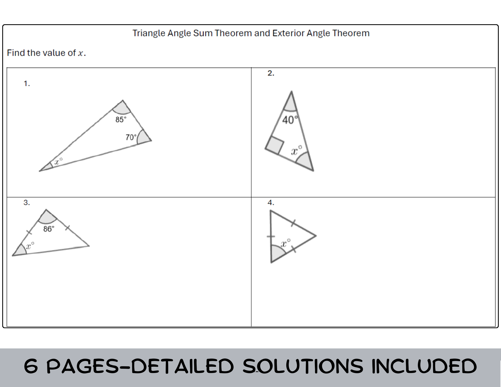 Triangle Angle Sum Theorem and Exterior Angle Theorem Worksheet