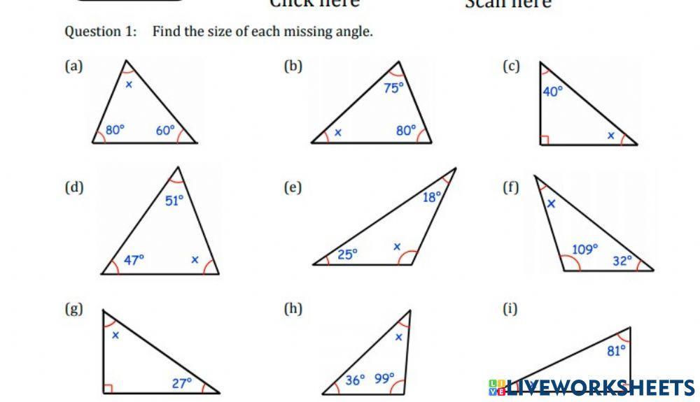 Triangles Find the Missing Angle Worksheet